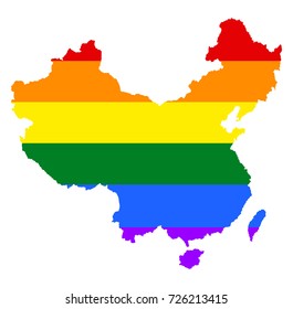 China pride gay map vector illustration with rainbow flag colors. Gay flag over China union map. Rainbow flag. LGBT community rights in China