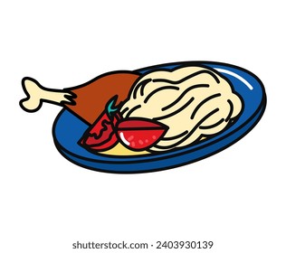 China product of food colorful set. Aromatic spaghetti with an appetizing chicken leg beckons you to explore the flavors of Asian cuisine. Vector illustration.