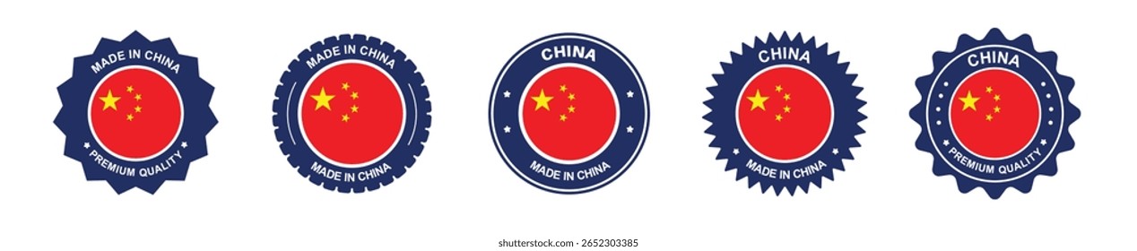 China product label set. China flag, premium made in China. Labels, seals, stamps, flags, icons