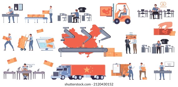 China Produktion flach Set mit isolierten Symbolen der Arbeitsplätze Gabelstapler Fließlinien und menschlichen Zeichen Vektorgrafik
