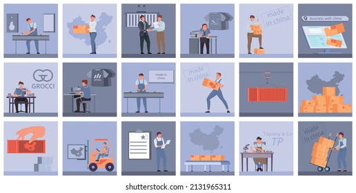 China production flat set of square compositions with various industries workers characters and chinese national symbols vector illustration