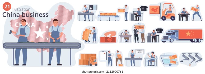 Conjunto de composiciones aisladas planas con caracteres humanos de la ilustración vectorial de los trabajadores de fábricas y almacenes chinos