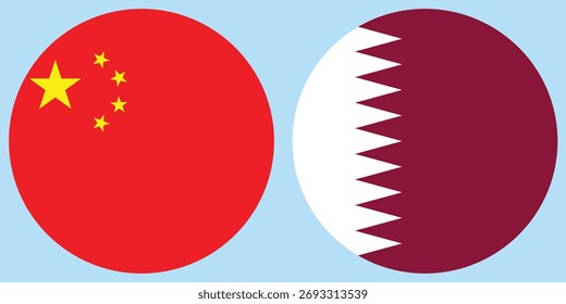 China und Katar kreisförmige Flagge Vektor mit hellblauem Hintergrund 