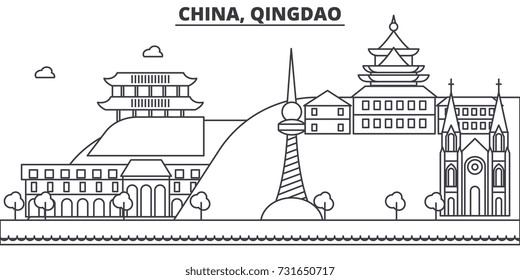 China, Qingdao architecture line skyline illustration. Linear vector cityscape with famous landmarks, city sights, design icons. Landscape wtih editable strokes