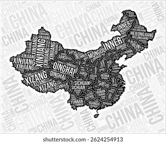 China regions map word cloud. China region names. Black and white map design. Trending vector illustration.