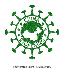 China Reopening Stamp. Green round badge of country with map of China. Country opening after lockdown. Vector illustration.