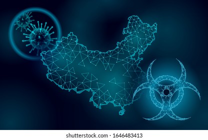 China Republic country 3D map. Infection pneumonia hazard symbol. 3D low poly. International design PRC blue dark glowing silhouette. Against virus epidemic vector illustration