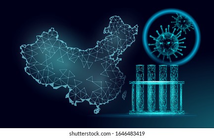 China Republic country 3D map. Infection pneumonia coronavirus analysis. International design PRC blue dark glowing silhouette. Company against virus epidemic spread vector illustration