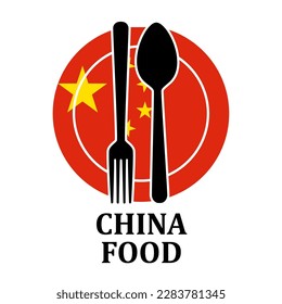 China Restaurant food logo. Flag symbol with plate spoon and fork Icon Template Illustration Design