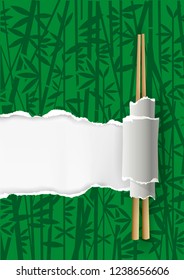 China restaurant menu, green background with bamboo. 
Green Ripped paper with bamboo motive and Chinese chopsticks. Place for your text or image. Vector available. 