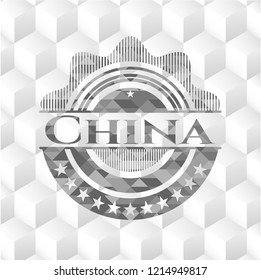China retro style grey emblem with geometric cube white background