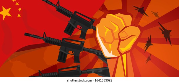 China Retro style of war propaganda hand fist strike with arm plane and flag. Vintage red symbol of aggression and rebellion 