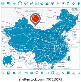 China Road Map and Navigation Icons. High detailed China Relief map with labeling.