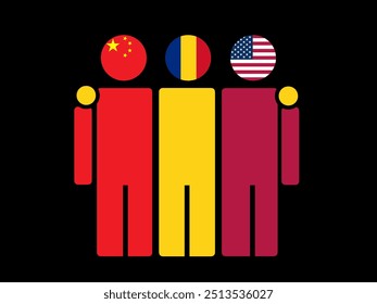 China, Romania, and USA National Flags With Embracing Body. Vector Illustration. Isolated background.