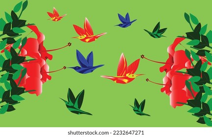 China rose and bird vector illustration background.
