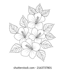 china rose flower drawing with black line art design for print coloring page