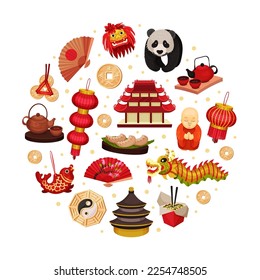 China Round Composition Design with Traditional Chinese Attribute and Symbols Vector Template