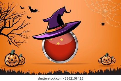 china round flag with Happy Halloween banner or party invitation background. bats, spiders and pumpkins, orange background