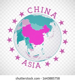China round logo. Badge of country with map of China in world context. Country sticker stamp with globe map and round text. Authentic vector illustration.