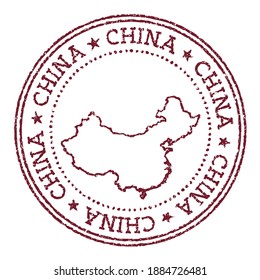 China round rubber stamp with country map. Vintage red passport stamp with circular text and stars, vector illustration.