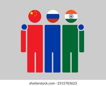 China, Russia, and India National Flags With Embracing Body. Vector Illustration. Isolated background.