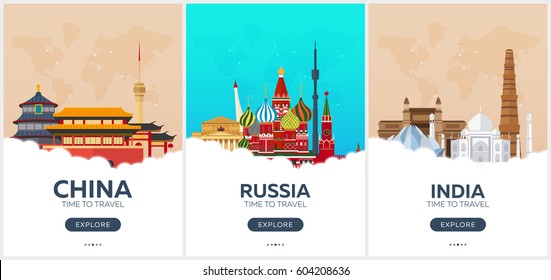 China, Russia, India. Time To Travel. Set Of Travel Posters. Vector Flat Illustration