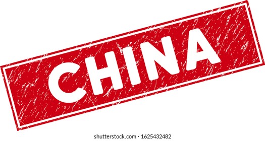 China seal with frame. Red vector rectangular scratched seal with China caption. Useful for rubber imitations with corroded rubber surface.