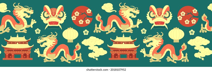 El patrón de China es fluido con dragón, pagoda, nubes, linternas y flores. Estilo tradicional de las cinceladas.