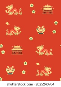 China seamless pattern with dragon, pagoda and flowers. Traditional chinses style.