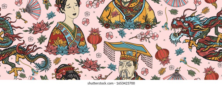 China seamless pattern. Old school tattoo vector collection. Chinese dragon, emperor, queen in traditional costume, fan, red lantern, lotus flower. Ancient history and culture. Asian background 