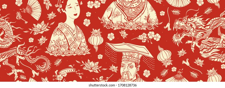 China seamless pattern. Old school tattoo style.  Chinese dragon, emperor, queen in traditional costume, fan, red lantern, lotus flower. Ancient history and culture. Asian background 