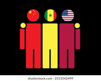 China, Senegal, and USA National Flags With Embracing Body. Vector Illustration. Isolated background.