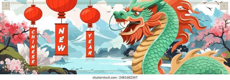 China serpent zodiac sign on nature background. Happy Chinese New Year 2025 horizontal art cover. Asian culture festival banner. Oriental mythical snake. Asia annual traditional holiday creative print