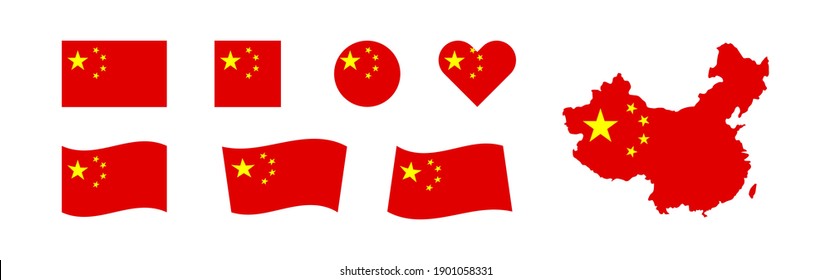 China set of flags and map. Country of Asia isolated vector icon. 