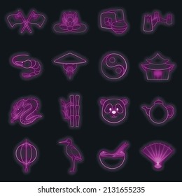 China set icons in neon style isolated on a black background