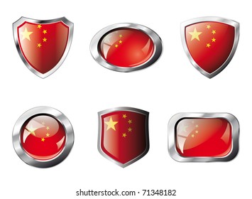China set shiny buttons and shields of flag with metal frame - vector illustration. Isolated abstract object against white background.