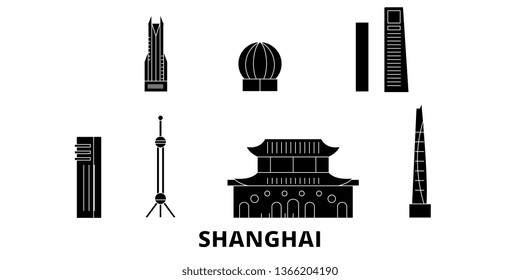 China, Shanghai City flat travel skyline set. China, Shanghai City black city vector illustration, symbol, travel sights, landmarks.