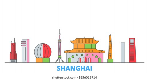 China, Shanghai City line cityscape, flat vector. Travel city landmark, oultine illustration, line world icons