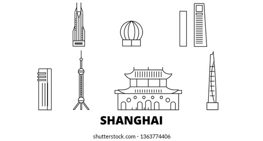 China, Shanghai City line travel skyline set. China, Shanghai City outline city vector illustration, symbol, travel sights, landmarks.