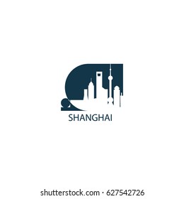 China Shanghai cool city landscape skyline panorama vector flat negative logo