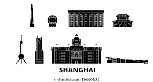 China, Shanghai flat travel skyline set. China, Shanghai black city vector illustration, symbol, travel sights, landmarks.