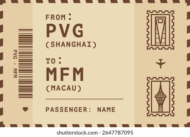 China, Shanghai - Macau flight, luggage tag, boarding pass card. Vector illustration layout for infographic, postcard, sticker, print, promo in vintage style with landmark stamps