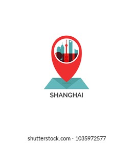 China Shanghai map city pin point geolocation modern skyline shape pointer vector flat logo web icon illustration