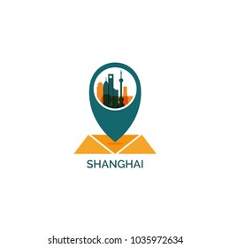 China Shanghai map city pin point geolocation modern skyline shape pointer vector flat logo web icon illustration