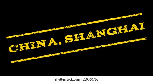 China Shanghai watermark stamp. Text tag between parallel lines with grunge design style. Rubber seal stamp with dust texture. Vector yellow color ink imprint on a blue background.