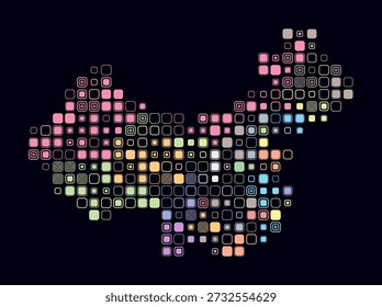 China, la forma del país construye de células de color. Mapa de estilo digital de la China sobre fondo oscuro. Bloques cuadrados redondeados de tamaño Grande. Ilustración vectorial Abstractas.