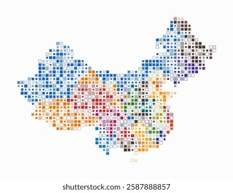 China, shape of the country built of colored cells. Digital style map of China on a white background. Small size square blocks. Amazing vector illustration.