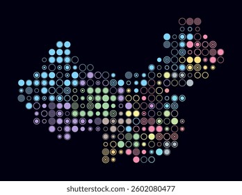 China, shape of the country built of colored cells. Digital style map of China on a dark background. Large size circle blocks. Trending vector illustration.
