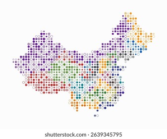 China, shape of the country built of colored cells. Digital style map of China on white background. Small size circle blocks. Plain vector illustration.