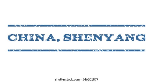 China, Shenyang watermark stamp. Text tag between horizontal parallel lines with grunge design style. Rubber seal stamp with dirty texture. Vector cobalt color ink imprint on a white background.